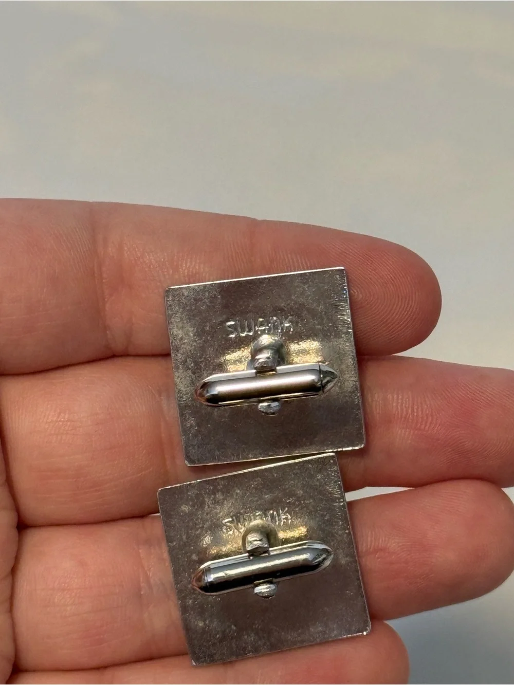 Vintage Swank Silver Tone Lion Head Black Enamel Cufflinks Signed Heraldic